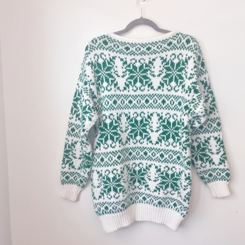 Handknit White and Green Snowflake Sweater